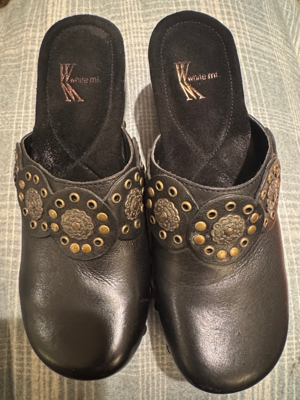 White Mountain Black Leather Slip-On Clogs with Decorative Studs